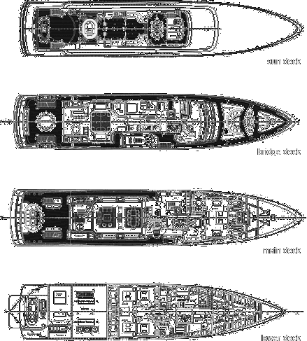 line diagrams of the sun deck, bridge deck, main deck and lower deck of the Jemasa